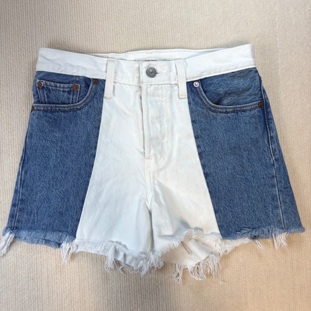 Levis Premium Wedgie Shorts Womens 25 Colorblock White Blue‎ Denim Raw Hem Big E